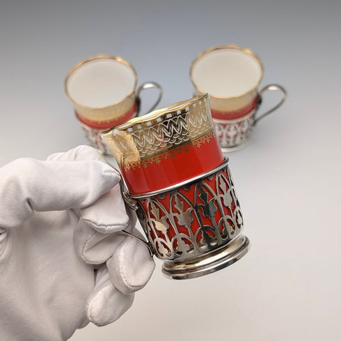 1929年 英国ヴィンテージ 純銀ホルダ ポーセリンカップ 3個セット Walker&Hall、AYNSLEY