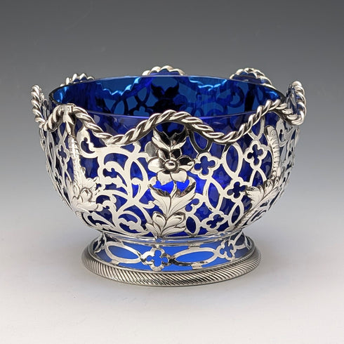 1856 年英國古董純銀耳環裝飾碗 165 克鈷玻璃內膽 AB Savory&Sons