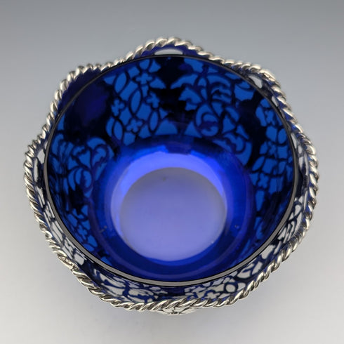 1856 年英國古董純銀耳環裝飾碗 165 克鈷玻璃內膽 AB Savory&Sons