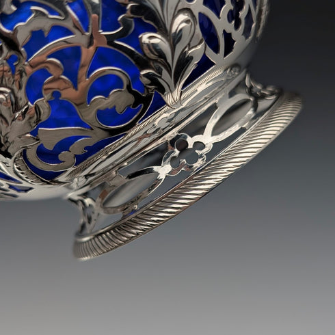 1856 年英國古董純銀耳環裝飾碗 165 克鈷玻璃內膽 AB Savory&Sons