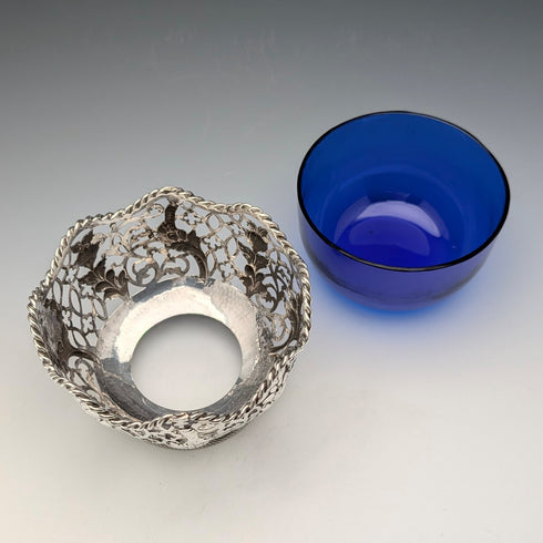 1856 年英國古董純銀耳環裝飾碗 165 克鈷玻璃內膽 AB Savory&Sons