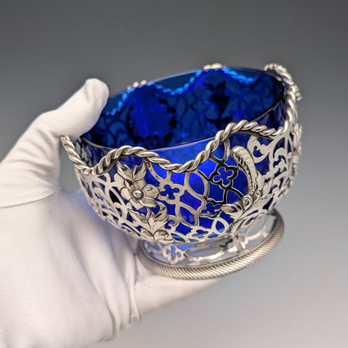 1856 年英國古董純銀耳環裝飾碗 165 克鈷玻璃內膽 AB Savory&Sons