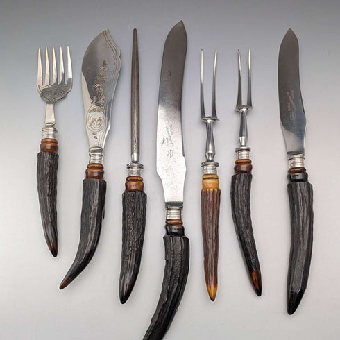 1898年 英国アンティーク アントラーハンドル サービングカトラリー7点セット ケース入 William Beatson & Sons