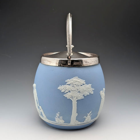 英国アンティーク ウェッジウッド ビスケットバレル ジャスパーウェア ペールブルー