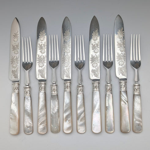 Circa 1881 British antique white mother-of-pearl handle dessert cutlery 5 pairs in wooden box LEE & WIGFULL