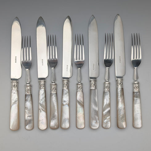 Circa 1881 British antique white mother-of-pearl handle dessert cutlery 5 pairs in wooden box LEE & WIGFULL