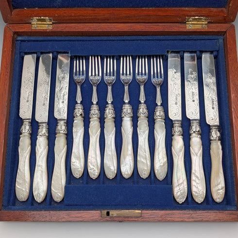 1865 British antique sterling silver blade and white mother of pearl handle dessert cutlery 6 pairs in wooden box Martin & Hall
