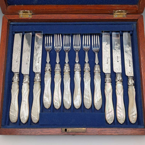 1865年 英国アンティーク 純銀ブレード&白蝶貝ハンドル デザートカトラリー6ペア 木箱入り Martin&Hall