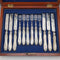 1865 British antique sterling silver blade and white mother of pearl handle dessert cutlery 6 pairs in wooden box Martin & Hall