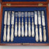 1865 British antique sterling silver blade and white mother of pearl handle dessert cutlery 6 pairs in wooden box Martin & Hall