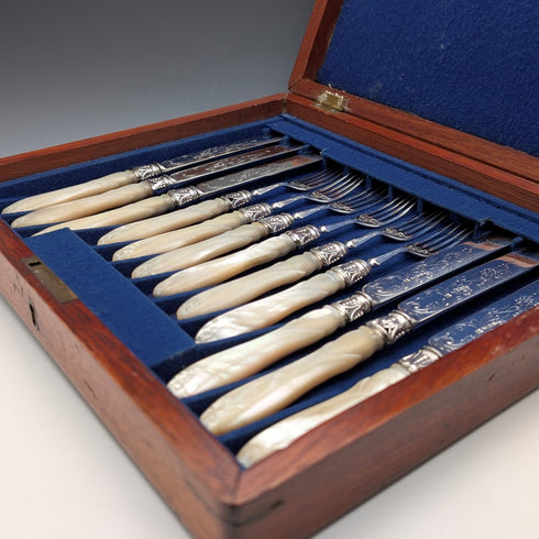 1865 British antique sterling silver blade and white mother of pearl handle dessert cutlery 6 pairs in wooden box Martin & Hall