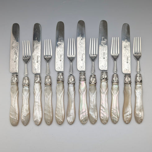 1865 British antique sterling silver blade and white mother of pearl handle dessert cutlery 6 pairs in wooden box Martin & Hall