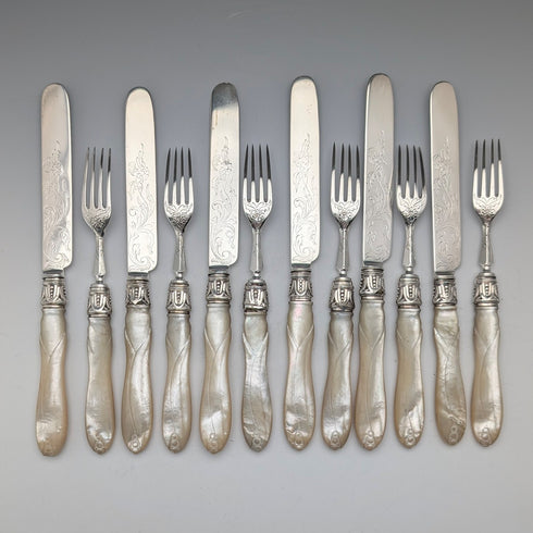 1865 British antique sterling silver blade and white mother of pearl handle dessert cutlery 6 pairs in wooden box Martin & Hall