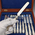 1865 British antique sterling silver blade and white mother of pearl handle dessert cutlery 6 pairs in wooden box Martin & Hall