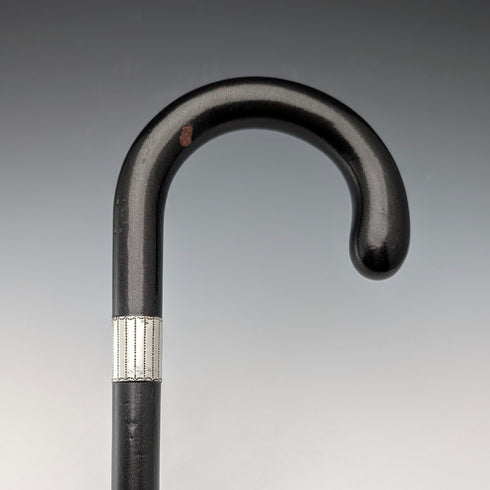 1927 British vintage black shaft, curved handle, pure silver decoration, walking stick, 88cm, J Howell & Co.