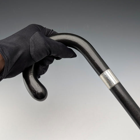 1927 British vintage black shaft, curved handle, pure silver decoration, walking stick, 88cm, J Howell & Co.
