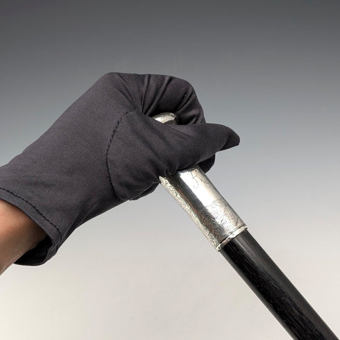 1906年 英国アンティーク 黒軸 純銀製 丸ハンドル ステッキ 杖 90cm W H Carrington