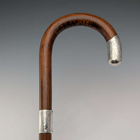 1921年 英国アンティーク 茶軸 曲がりハンドル 純銀装飾 ステッキ 杖 92cm J Howell&Co