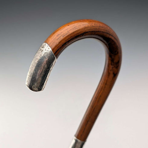 1921年 英国アンティーク 茶軸 曲がりハンドル 純銀装飾 ステッキ 杖 92cm J Howell&Co