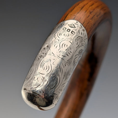 1921年 英国アンティーク 茶軸 曲がりハンドル 純銀装飾 ステッキ 杖 92cm J Howell&Co