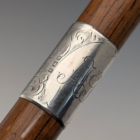 1921年 英国アンティーク 茶軸 曲がりハンドル 純銀装飾 ステッキ 杖 92cm J Howell&Co