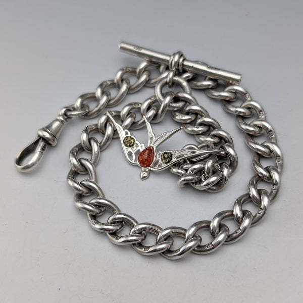 Circa 1900 British antique sterling silver Albert chain, 49g, sterling silver swallow fob