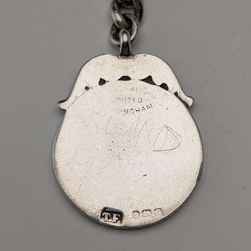 Circa 1900 British antique sterling silver Albert chain, 42g, enamel decoration, sterling silver medal fob