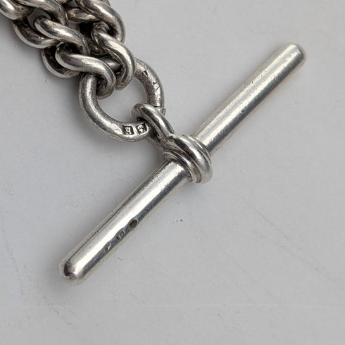 約 1900 年英國古董純銀阿爾伯特鏈,42 克,琺瑯裝飾,純銀獎章錶鍊