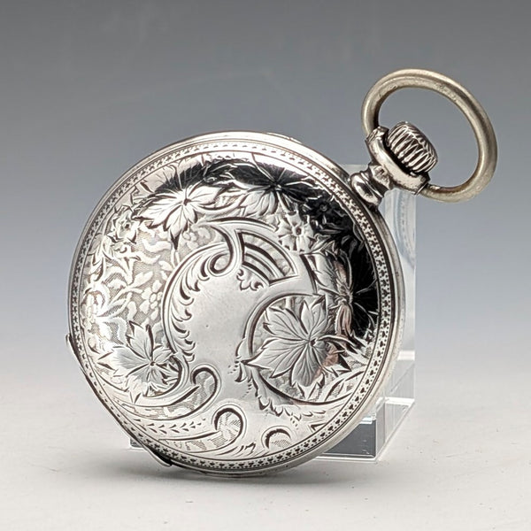 1904年頃 アンティーク ロンジン 懐中時計 アール・ヌーヴォー彫刻 銀側ハンターケース 動作良好