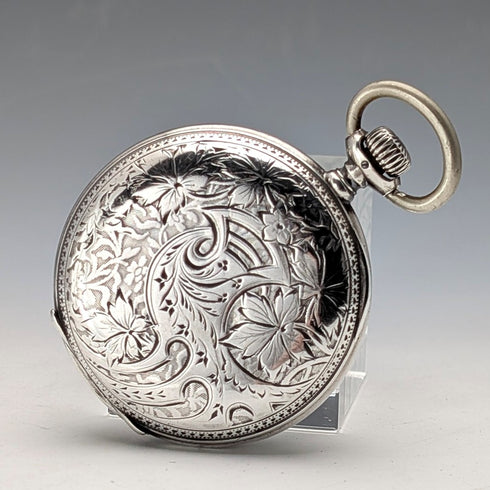 1904年頃 アンティーク ロンジン 懐中時計 アール・ヌーヴォー彫刻 銀側ハンターケース 動作良好