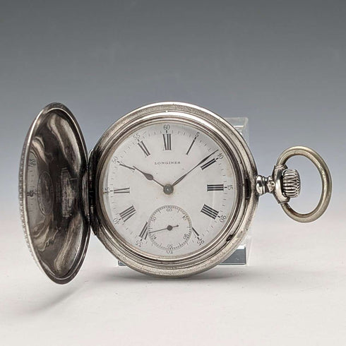 Antique Longines pocket watch, circa 1904, Art Nouveau engravings, silver side hunter case, in good working order
