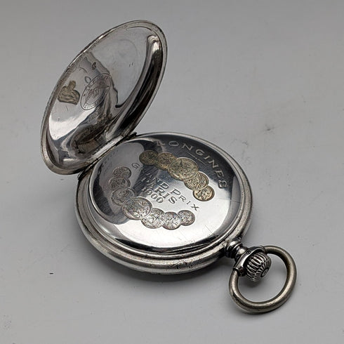 1904年頃 アンティーク ロンジン 懐中時計 アール・ヌーヴォー彫刻 銀側ハンターケース 動作良好