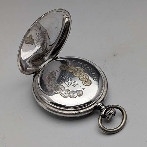 Antique Longines pocket watch, circa 1904, Art Nouveau engravings, silver side hunter case, in good working order