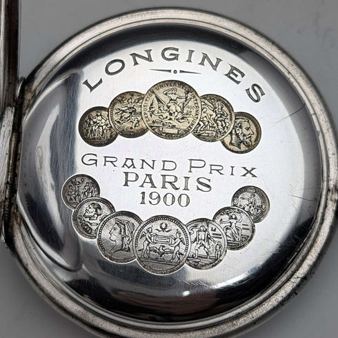 Antique Longines pocket watch, circa 1904, Art Nouveau engravings, silver side hunter case, in good working order