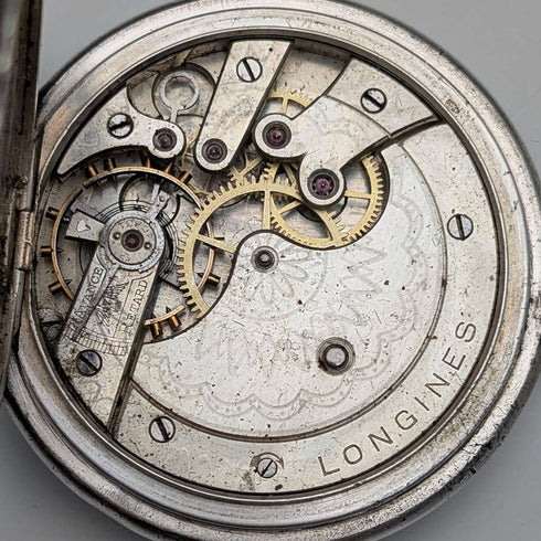 Antique Longines pocket watch, circa 1904, Art Nouveau engravings, silver side hunter case, in good working order