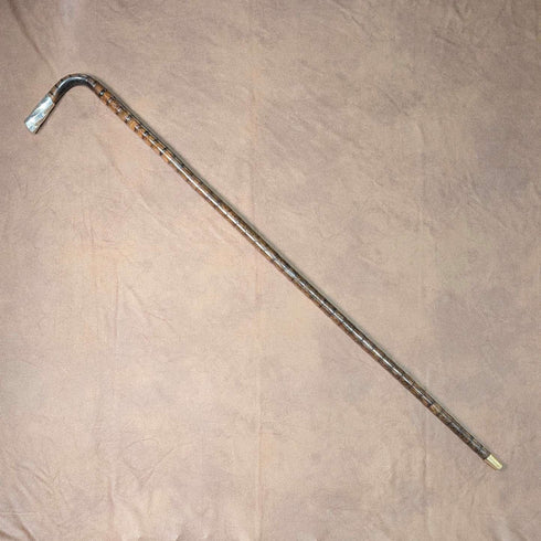 1906 British Antique Walking Stick, 92cm, Brown Handle, L-Handle, Sterling Silver Decoration, by Thomas Davis