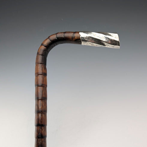 1906年 英国アンティーク 茶軸 L字ハンドル 純銀装飾 ステッキ 杖 92cm Thomas Davis