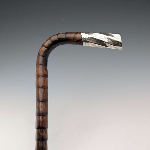 1906 British Antique Walking Stick, 92cm, Brown Handle, L-Handle, Sterling Silver Decoration, by Thomas Davis