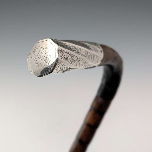 1906 British Antique Walking Stick, 92cm, Brown Handle, L-Handle, Sterling Silver Decoration, by Thomas Davis