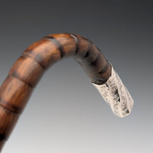 1906年 英国アンティーク 茶軸 L字ハンドル 純銀装飾 ステッキ 杖 92cm Thomas Davis