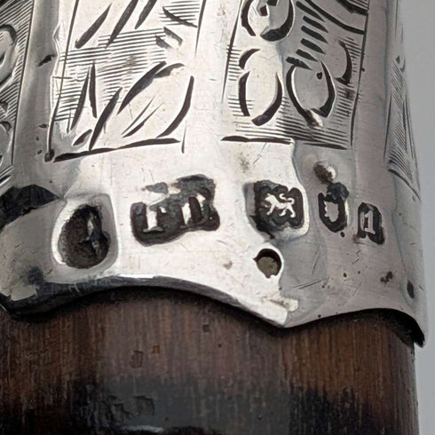 1906 British Antique Walking Stick, 92cm, Brown Handle, L-Handle, Sterling Silver Decoration, by Thomas Davis