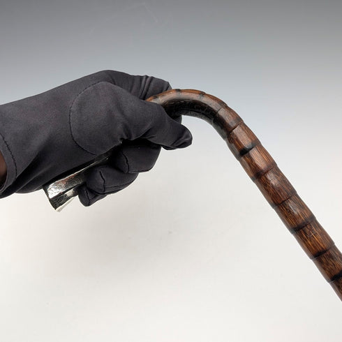 1906年 英国アンティーク 茶軸 L字ハンドル 純銀装飾 ステッキ 杖 92cm Thomas Davis