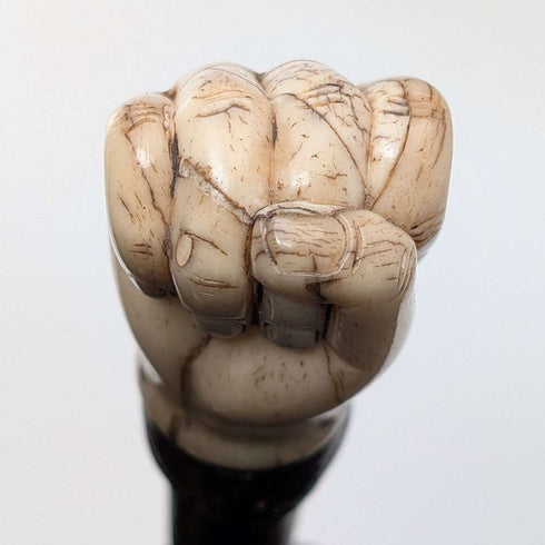 Antique British bone fist-shaped round handle walking stick, 85cm