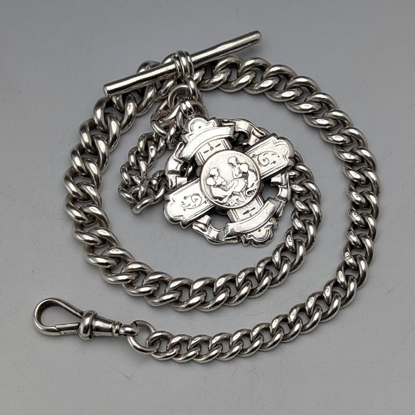 Circa 1890 British antique sterling silver Albert chain, 65g sterling silver medal fob