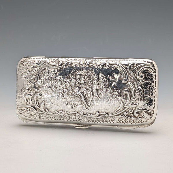 1899 British antique sterling silver cigarette case with fine relief decoration, 102g, Henry Matthews