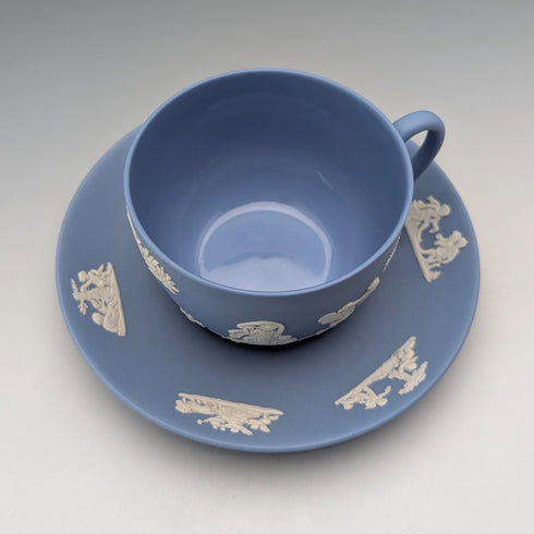 Vintage British Wedgwood Jasperware cup and saucer in pale blue