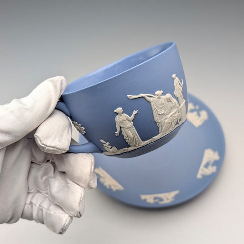 Vintage British Wedgwood Jasperware cup and saucer in pale blue