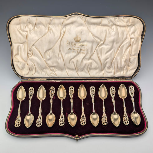 1900 British antique gold plated sterling silver tea spoons set of 12, total 218g, case included, George Bedingham