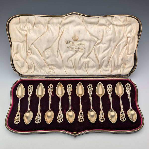 1900 British antique gold plated sterling silver tea spoons set of 12, total 218g, case included, George Bedingham