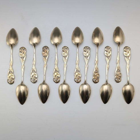 1900年 英国アンティーク 金メッキ純銀製ティースプーン12本セット 計218g ケース入 George Bedingham